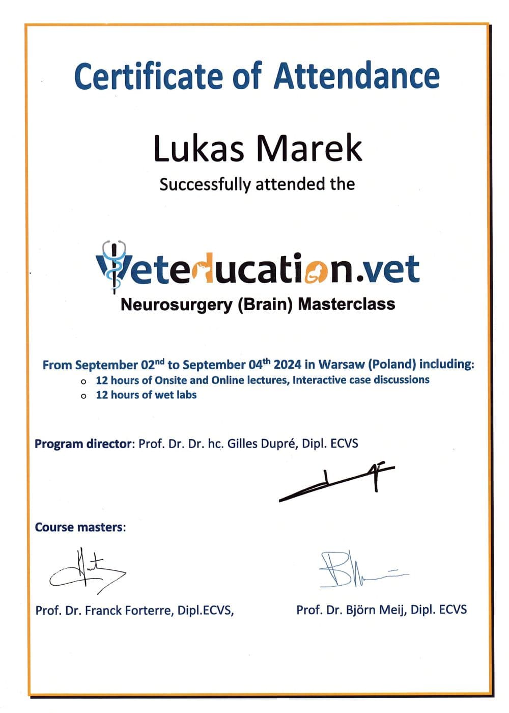 Certifikát Neurosurgery Masterclass